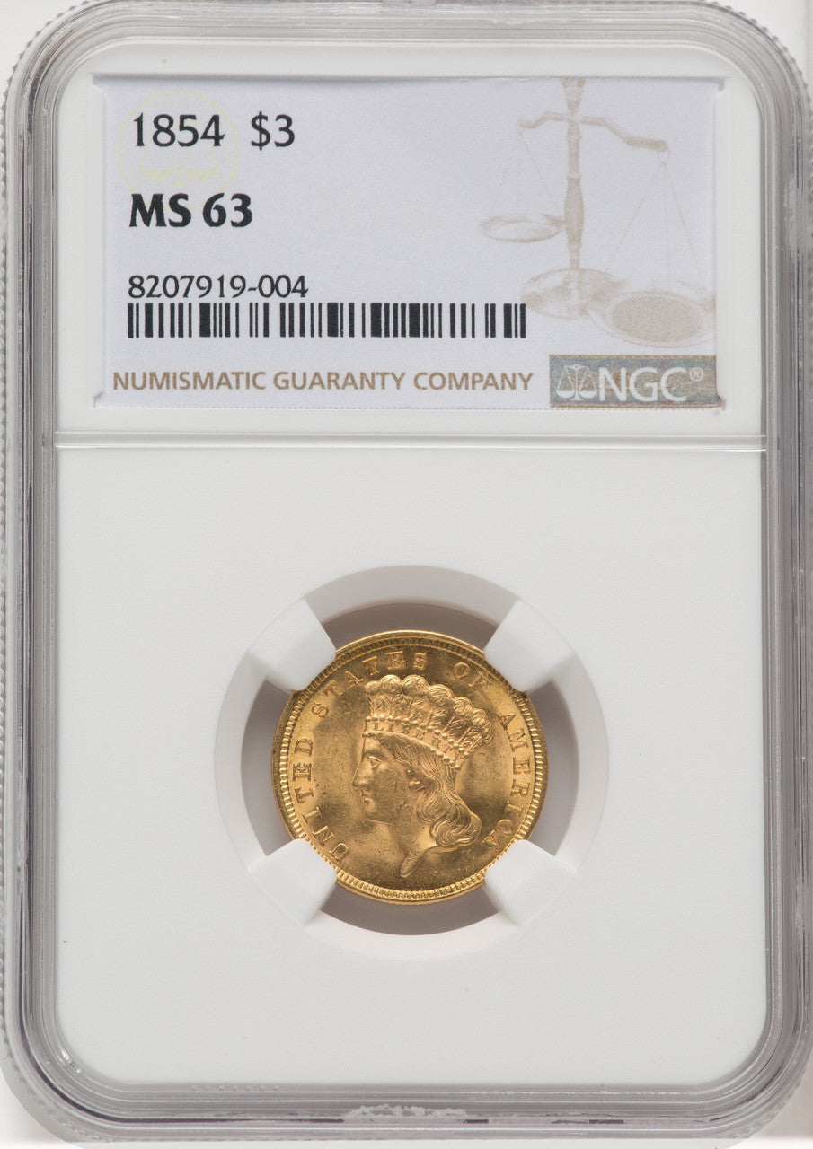 1854 $3 Three Dollar Gold Pieces NGC MS63