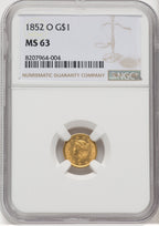 1852-O G$1 Gold Dollar NGC MS63 (767800015)