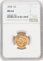 1878 $3 Three Dollar Gold Pieces NGC MS64 (767997002)
