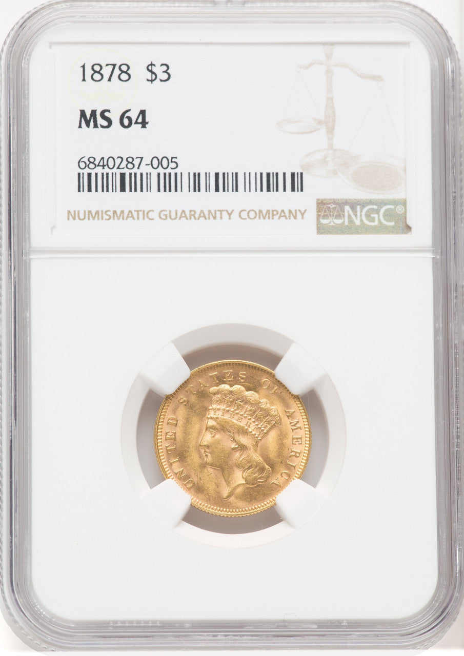 1878 $3 Three Dollar Gold Pieces NGC MS64 (767997002)