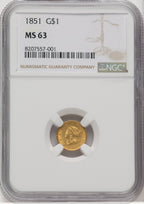 1851 G$1 Gold Dollar NGC MS63