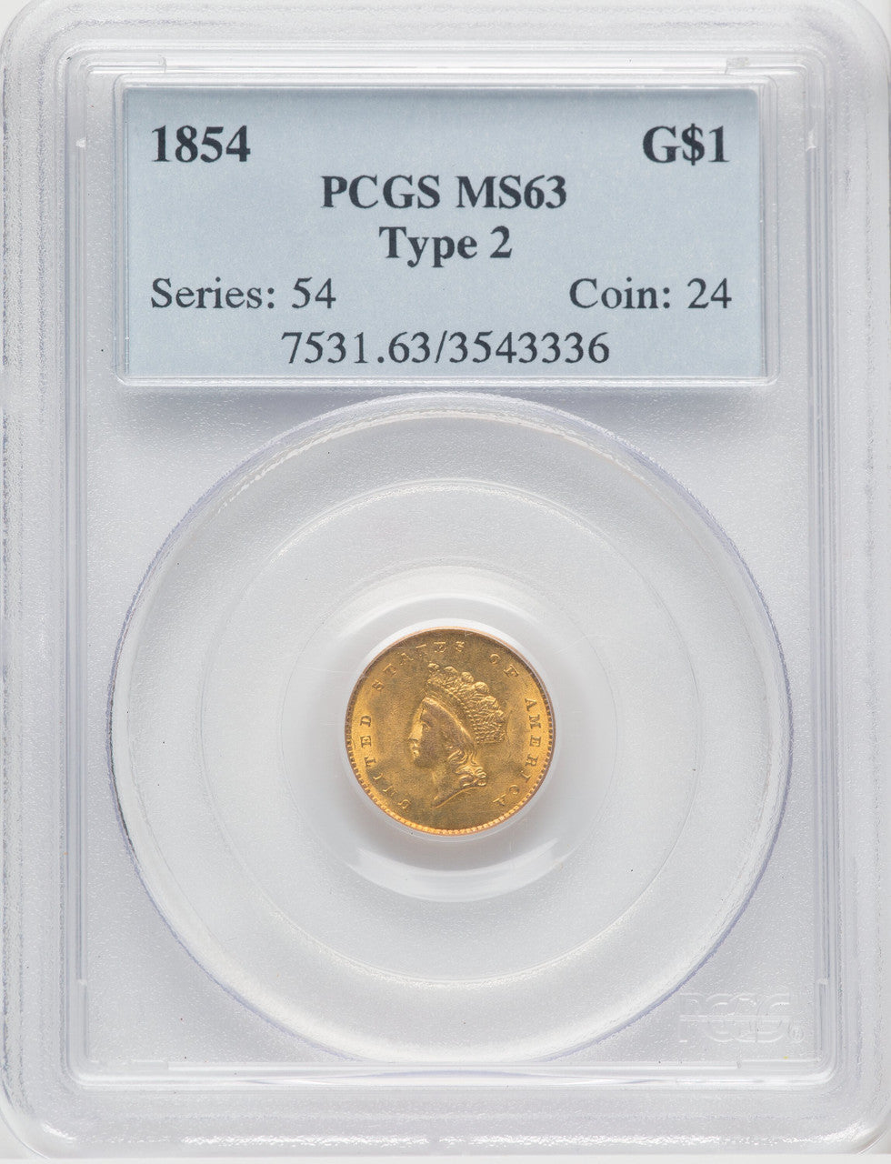 1854 G$1 Type Two Gold Dollar PCGS MS63
