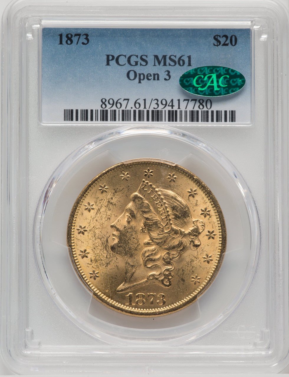 1873 $20 OPEN 3 CAC Liberty Double Eagle PCGS MS61 (767035001)