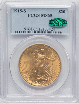 1915-S $20 CAC Saint-Gaudens Double Eagle PCGS MS65