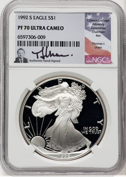 1992-S S$1 Silver Eagle Thomas Uram NGC PF70