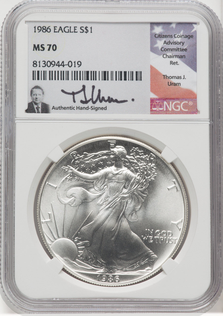 1986 S$1 Silver Eagle NGC MS70 Thomas Uram
