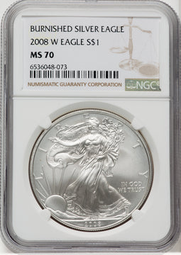 2008-W S$1 Silver Eagle Burnished Brown Label NGC MS70