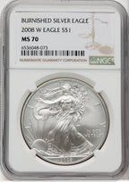 2008-W S$1 Silver Eagle Burnished Brown Label NGC MS70