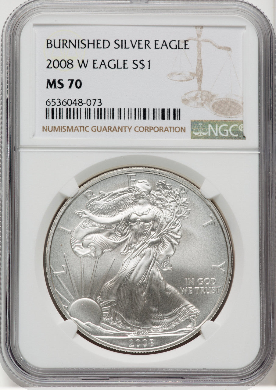 2008-W S$1 Silver Eagle Burnished Brown Label NGC MS70