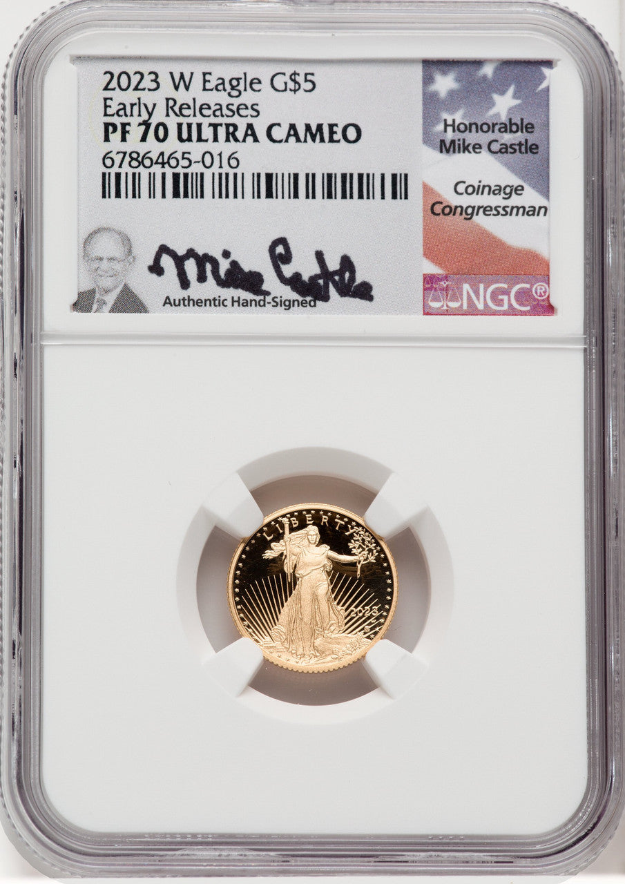 2023-W $5 Tenth Ounce Gold Eagle First Strike ER Mike Castle NGC PF70
