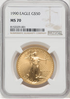 1990 $50 One-Ounce Gold Eagle Brown Label NGC MS70
