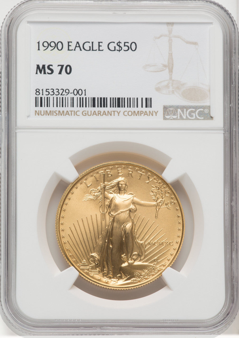 1990 $50 One-Ounce Gold Eagle Brown Label NGC MS70