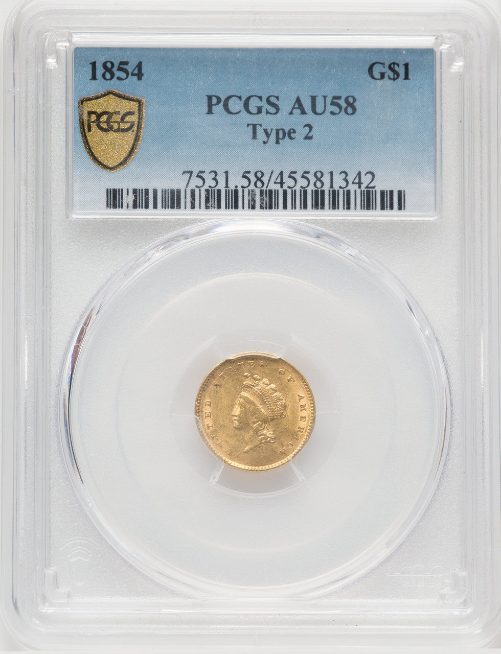 1854 G$1 Type Two Gold Dollar PCGS AU58