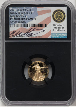 2021 T1 Gold American Eagle 4-Coin Set ER NGC PF70 Miles Standish Signed