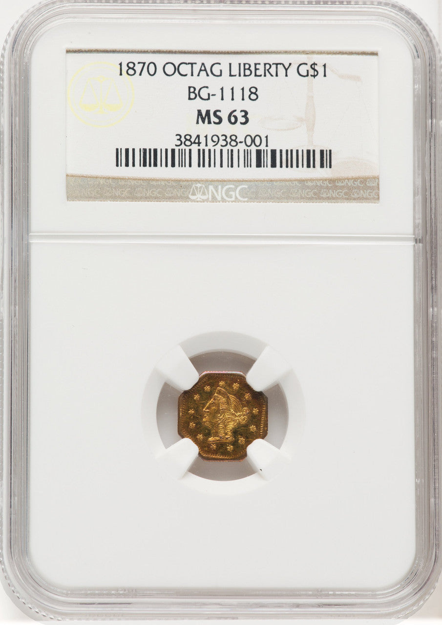 1870 Goofy Head Octagonal 1 Dollar BG-1118 Low R.5 California Fractional Gold NGC MS63