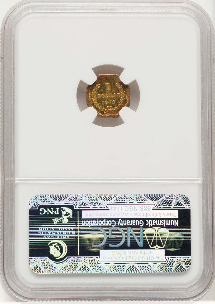1870 Goofy Head Octagonal 1 Dollar BG-1118 Low R.5 California Fractional Gold NGC MS63