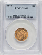 1878 $3 Three Dollar Gold Pieces PCGS MS65 (769133001)