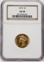 1874 $3 Three Dollar Gold Pieces NGC AU58 (506343001)
