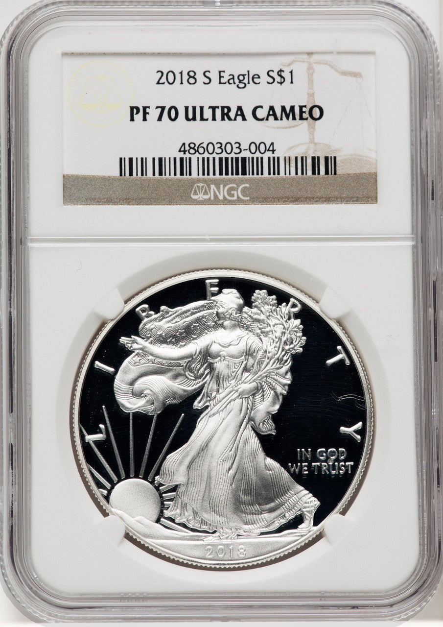 2018-S S$1 Silver Eagle Brown Label NGC PF70