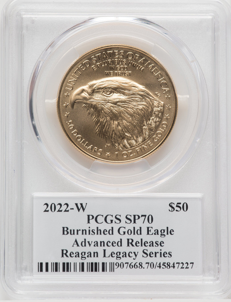 2022-W One-Ounce Burnished Gold Eagle Advanced Release PCGS SP70 Michael Reagan