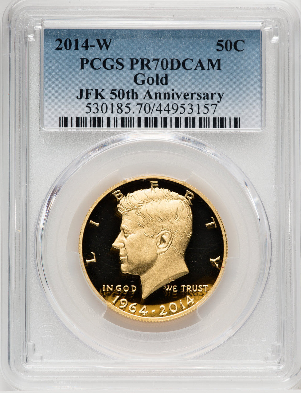 2014-W 50C Kennedy Gold 50th Anniversary Blue Gradient Proof Kennedy Half Dollar PCGS PR70 (769400001)