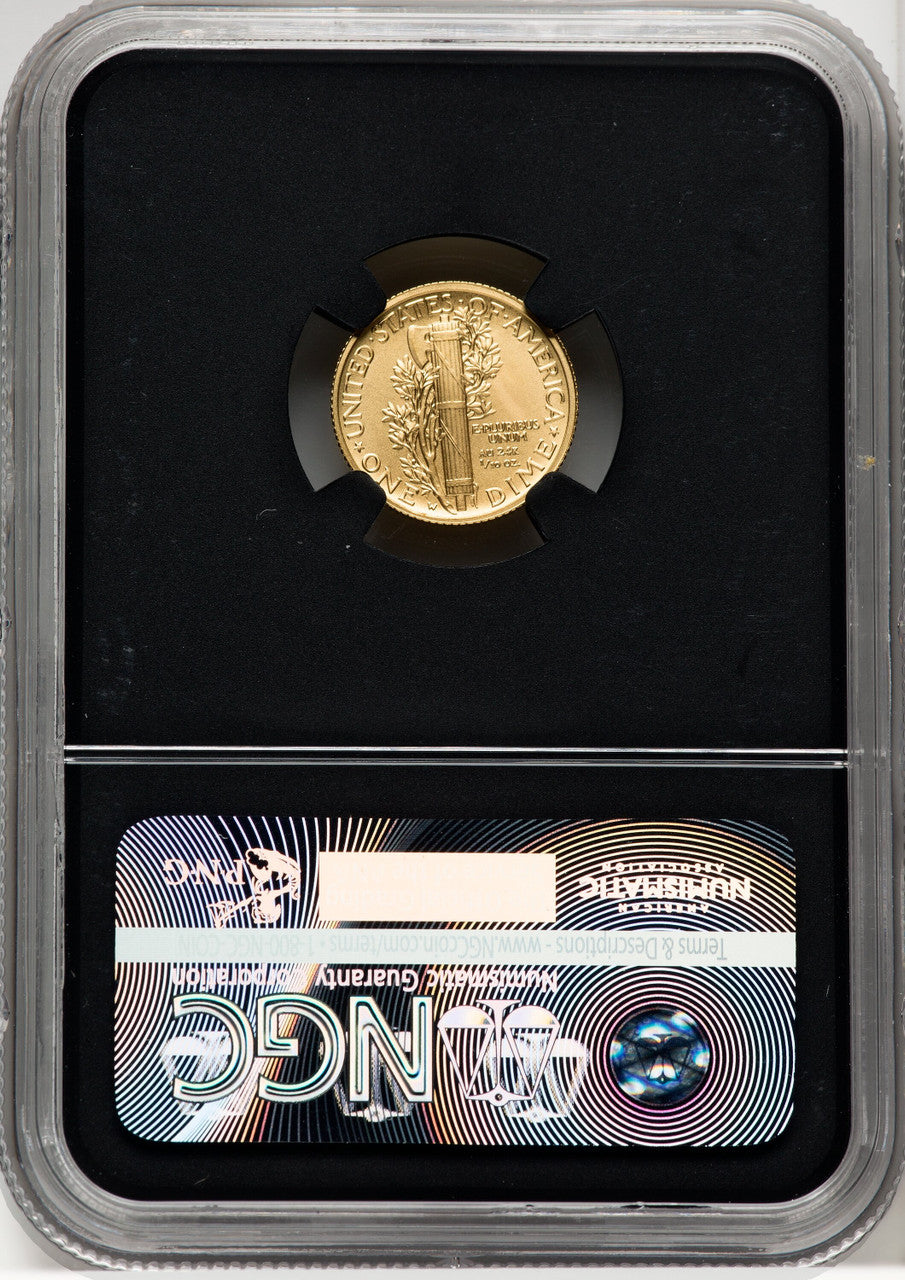 2016-W 10C Mercury Dime Gold 100th Anniversary First Strike ER Ed Moy Blk Core NGC MS70