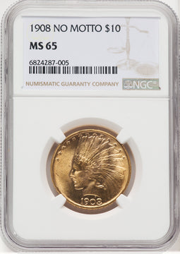 1908 $10 NO MOTTO Indian Eagle NGC MS65