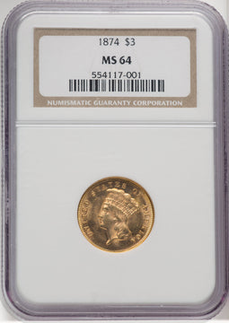 1874 $3 Three Dollar Gold Pieces NGC MS64