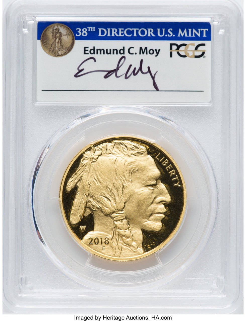 2018-W $50 One-Ounce Gold Buffalo First Day of Issue Denver Moy Signature PCGS PR70