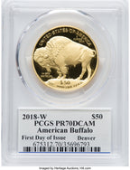 2018-W $50 One-Ounce Gold Buffalo First Day of Issue Denver Moy Signature PCGS PR70