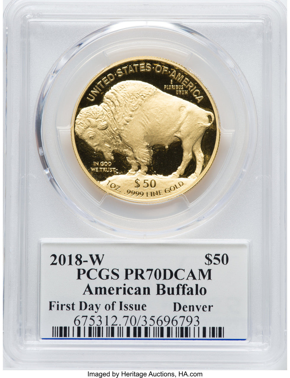 2018-W $50 One-Ounce Gold Buffalo First Day of Issue Denver Moy Signature PCGS PR70