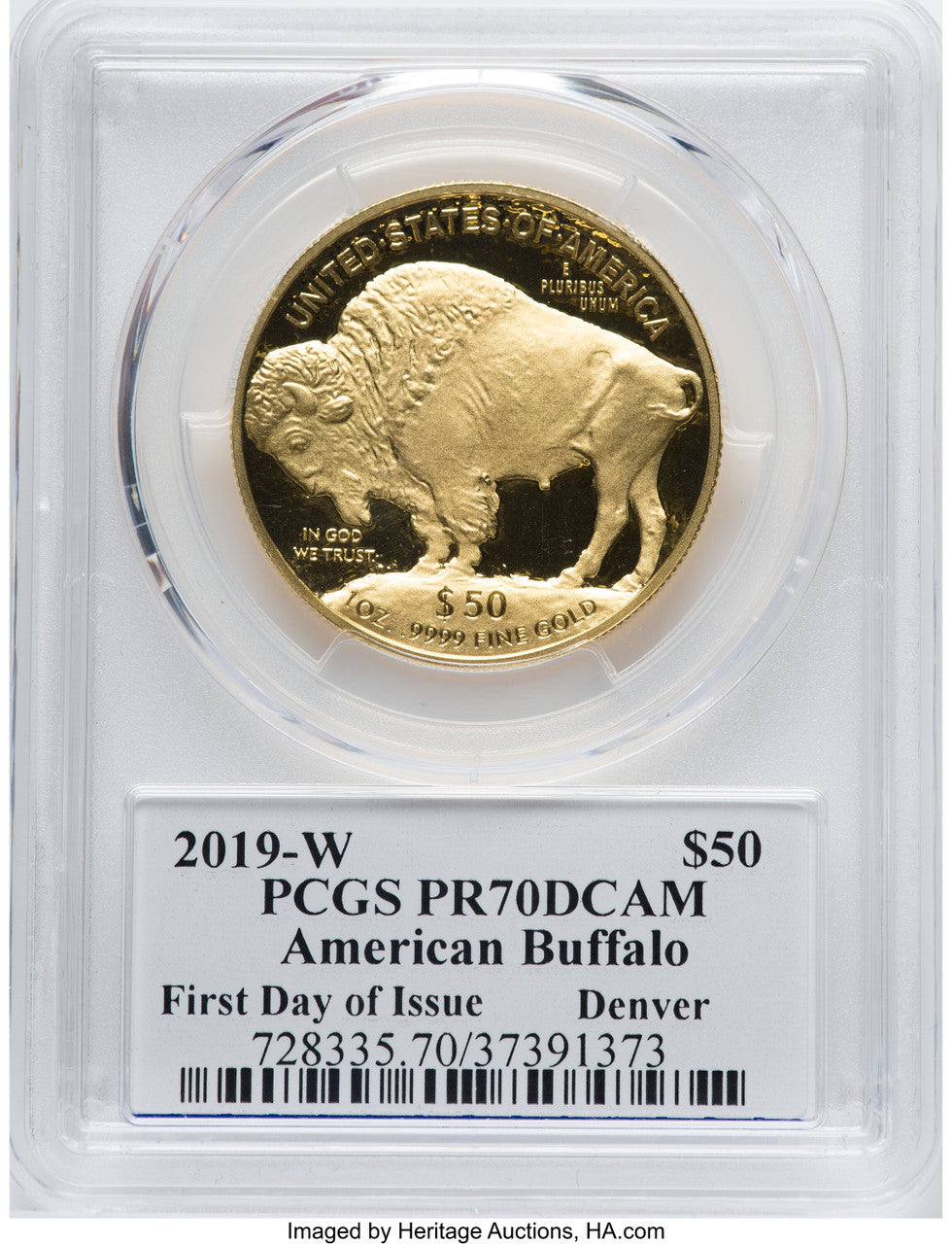 2019-W $50 One-Ounce American Buffalo .9999 Fine Gold First Day of Issue Denver Moy PCGS PR70 (770569200)
