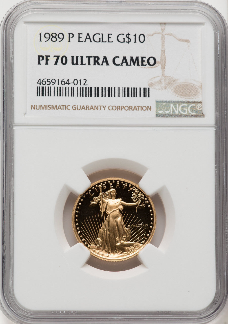 1989-P $10 Quarter-Ounce Gold Eagle Brown Label NGC PF70