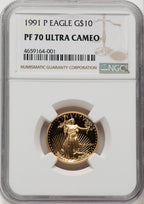 1991-P $10 Quarter-Ounce Gold Eagle Brown Label NGC PF70