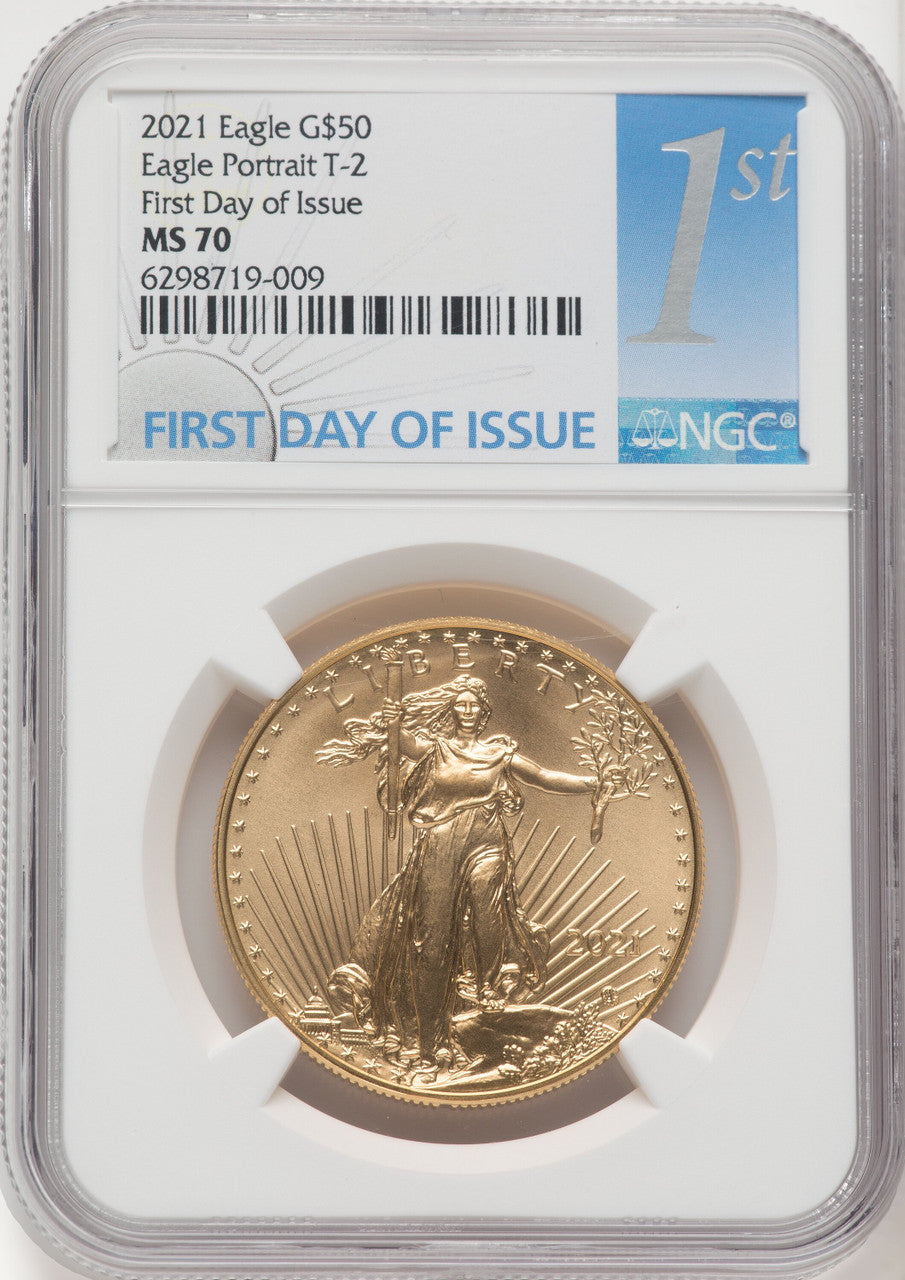 2021 One-Ounce Gold Eagle Type Two First Day of Issue FDI 1ST NGC MS70
