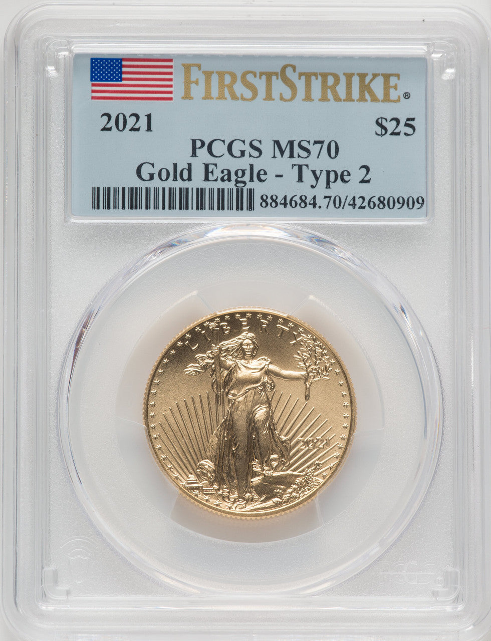 2021 $25 Half-Ounce Gold Eagle Type Two First Strike FS Flag PCGS MS70