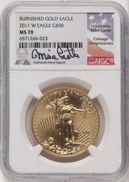 2011-W $50 One-Ounce Gold Eagle 25th Anniversary Mike Castle NGC MS70