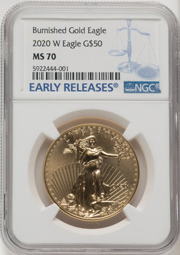 2020-W $50 One Ounce Gold Eagle Burnished ER Blue NGC MS70