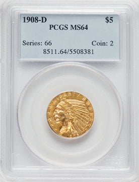 1908-D $5 Indian Half Eagle PCGS MS64