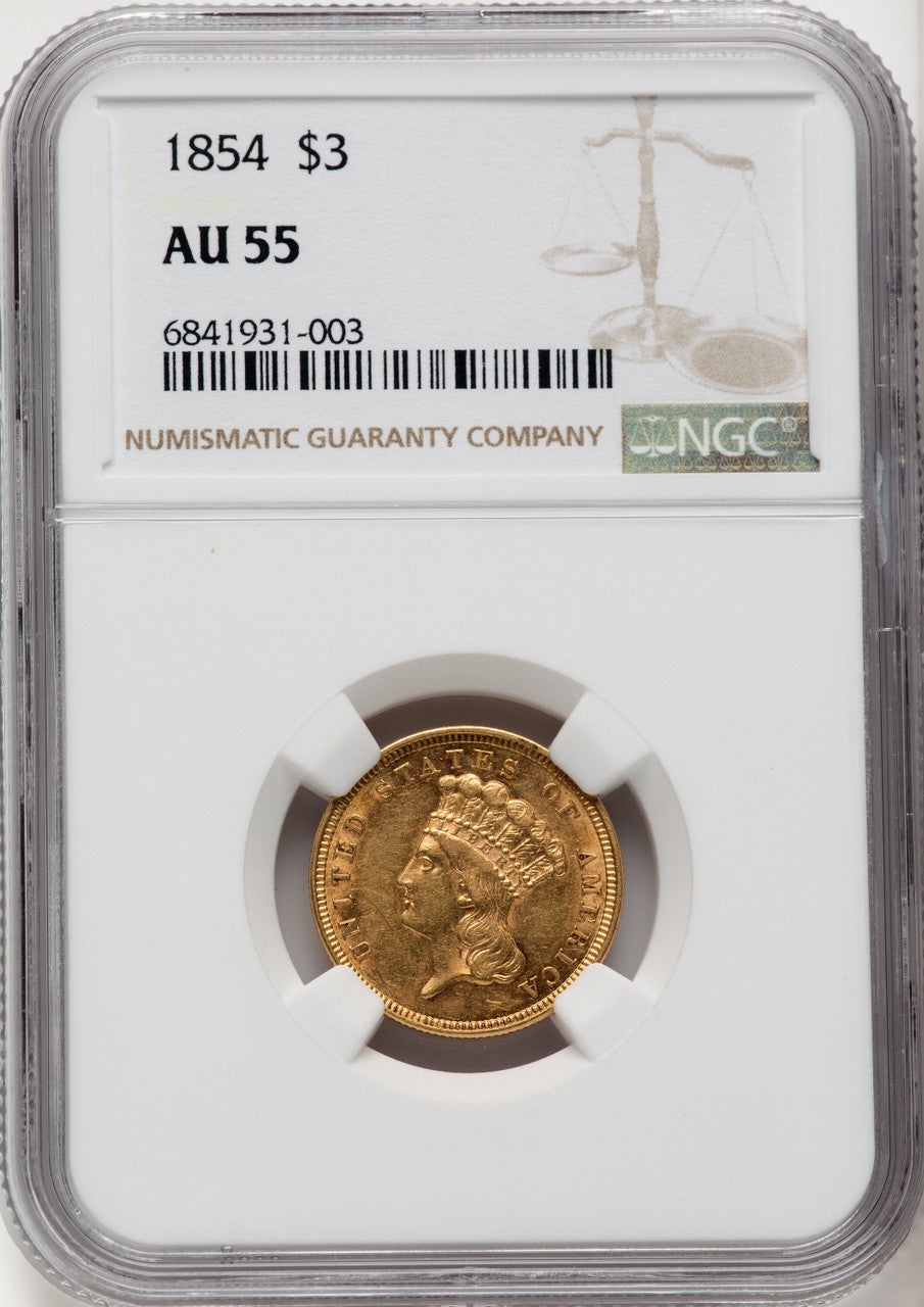1854 $3 Three Dollar Gold Pieces NGC AU55 (769438073)