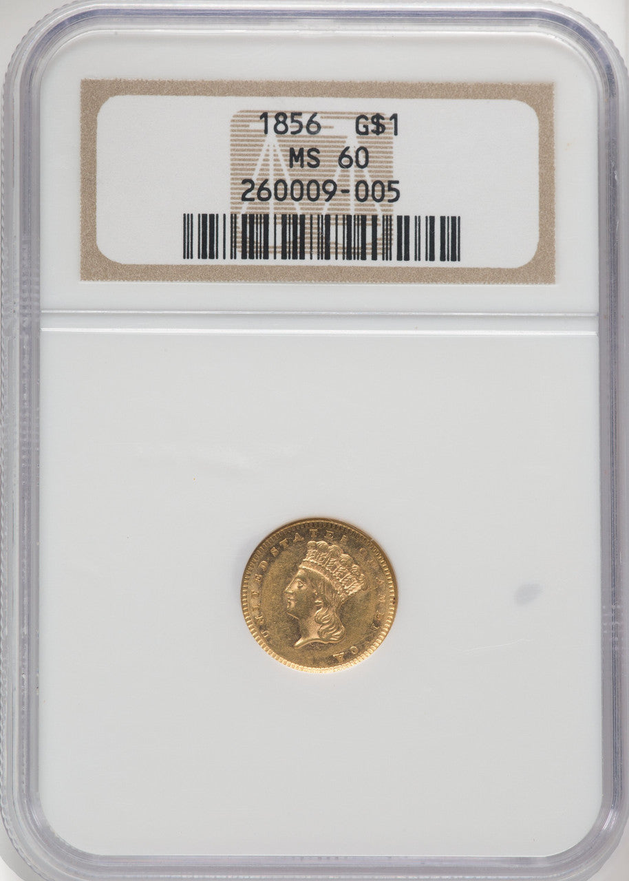1856 G$1 Slanted 5 Gold Dollar NGC MS60