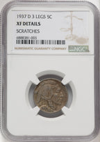 1937-D 5C Three-Legged Buffalo Nickel Details NGC XF40