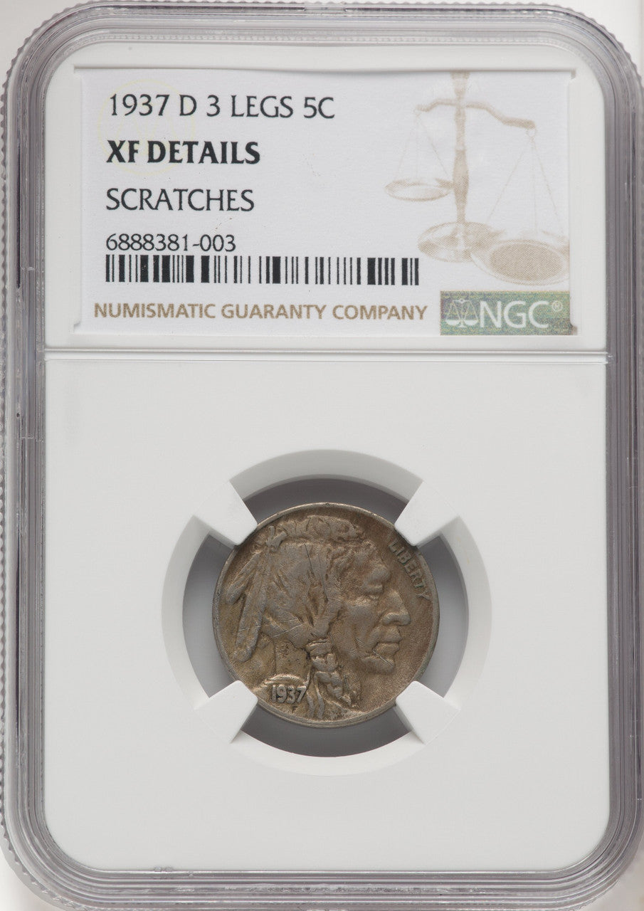 1937-D 5C Three-Legged Buffalo Nickel Details NGC XF40