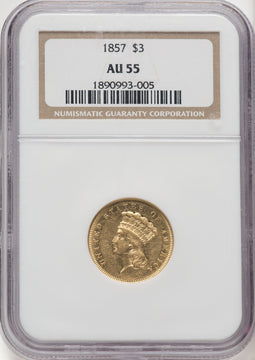 1857 $3 Three Dollar Gold Pieces NGC AU55
