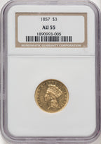1857 $3 Three Dollar Gold Pieces NGC AU55