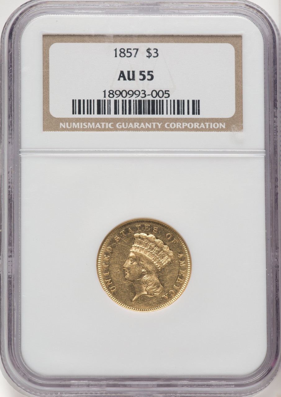 1857 $3 Three Dollar Gold Pieces NGC AU55