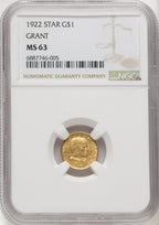 1922 G$1 Grant With Star Commemorative Gold NGC MS63