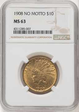 1908 $10 NO MOTTO Indian Eagle NGC MS63