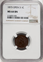 1873 1C Open 3 BN Indian Cent NGC MS64