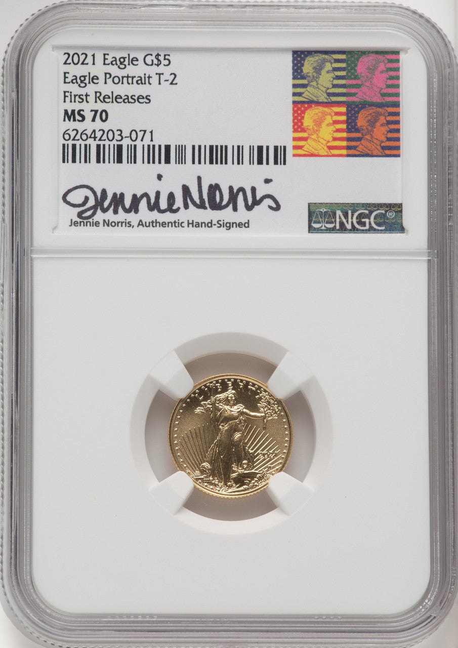 2021 $5 Tenth Ounce Gold Eagle Type Two First Strike NGC MS70 Norris Signed